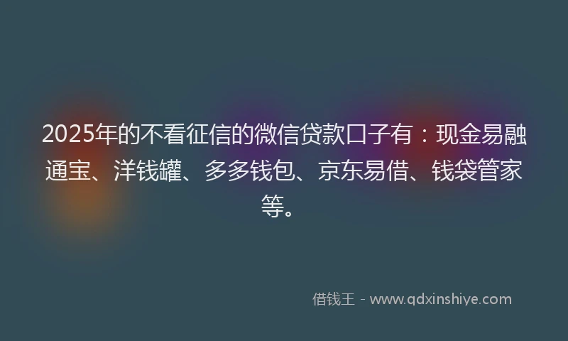 2025年的不看征信的微信贷款口子有：现金易融通宝、洋钱罐、多多钱包、京东易借、钱袋管家等。