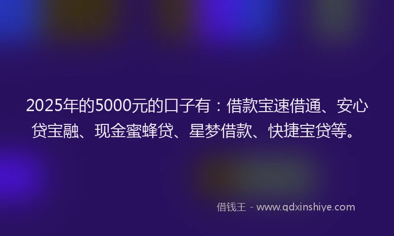 2025年的5000元的口子有：借款宝速借通、安心贷宝融、现金蜜蜂贷、星梦借款、快捷宝贷等。
