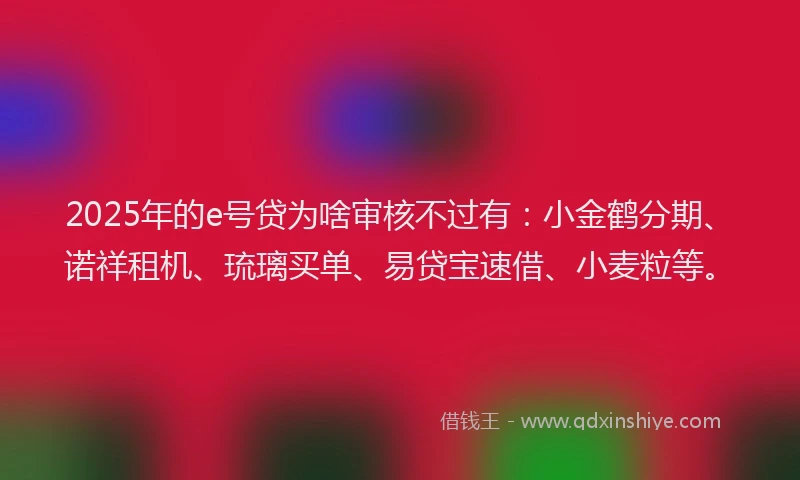 2025年的e号贷为啥审核不过有：小金鹤分期、诺祥租机、琉璃买单、易贷宝速借、小麦粒等。