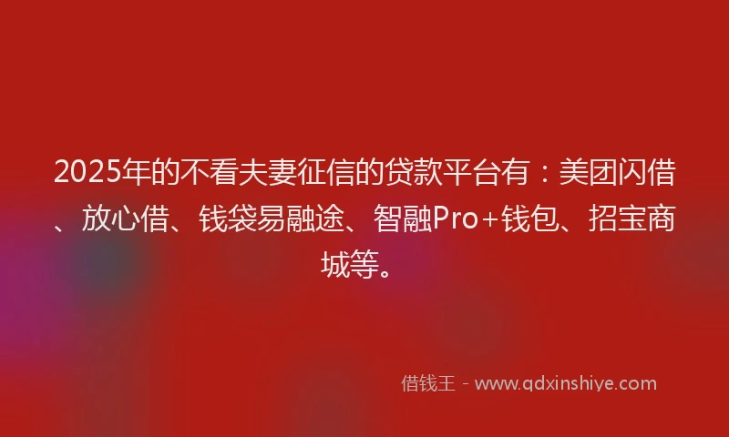 2025年的不看夫妻征信的贷款平台有：美团闪借、放心借、钱袋易融途、智融Pro+钱包、招宝商城等。