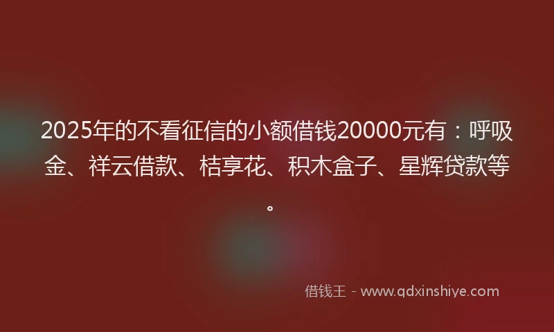 2025年的不看征信的小额借钱20000元有：呼吸金、祥云借款、桔享花、积木盒子、星辉贷款等。
