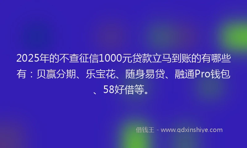 2025年的不查征信1000元贷款立马到账的有哪些有：贝赢分期、乐宝花、随身易贷、融通Pro钱包、58好借等。