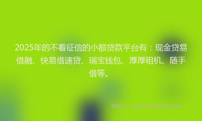 2025年的不看征信的小额贷款平台有：现金贷易借融、快易借速贷、瑞宝钱包、厚厚租机、随手借等。