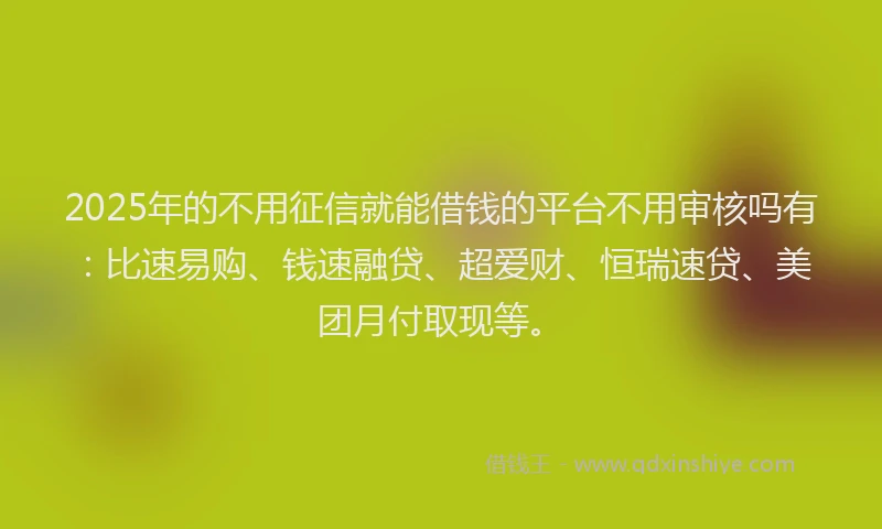 2025年的不用征信就能借钱的平台不用审核吗有：比速易购、钱速融贷、超爱财、恒瑞速贷、美团月付取现等。