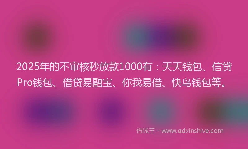 2025年的不审核秒放款1000有：天天钱包、信贷Pro钱包、借贷易融宝、你我易借、快鸟钱包等。