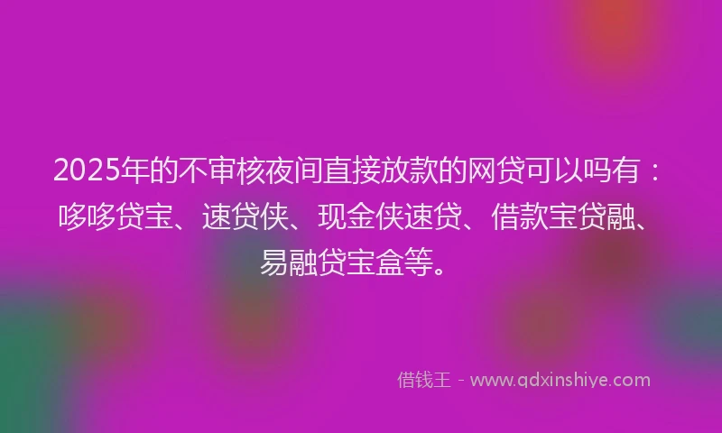 2025年的不审核夜间直接放款的网贷可以吗有：哆哆贷宝、速贷侠、现金侠速贷、借款宝贷融、易融贷宝盒等。