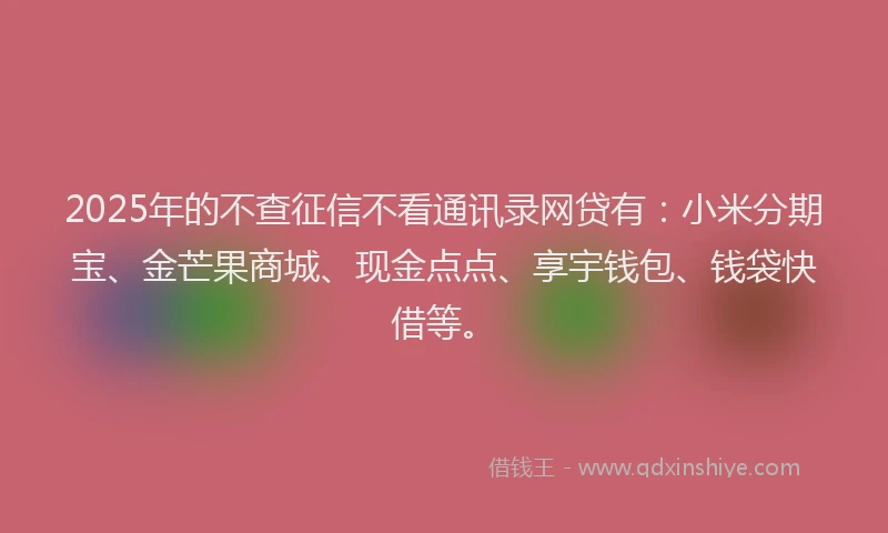 2025年的不查征信不看通讯录网贷有：小米分期宝、金芒果商城、现金点点、享宇钱包、钱袋快借等。