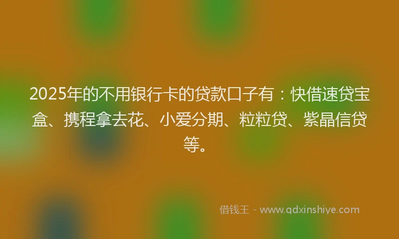 2025年的不用银行卡的贷款口子有：快借速贷宝盒、携程拿去花、小爱分期、粒粒贷、紫晶信贷等。