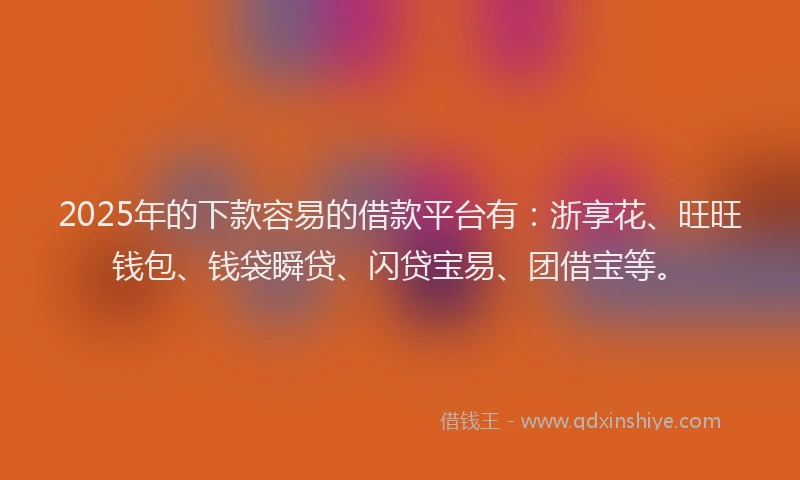 2025年的下款容易的借款平台有：浙享花、旺旺钱包、钱袋瞬贷、闪贷宝易、团借宝等。