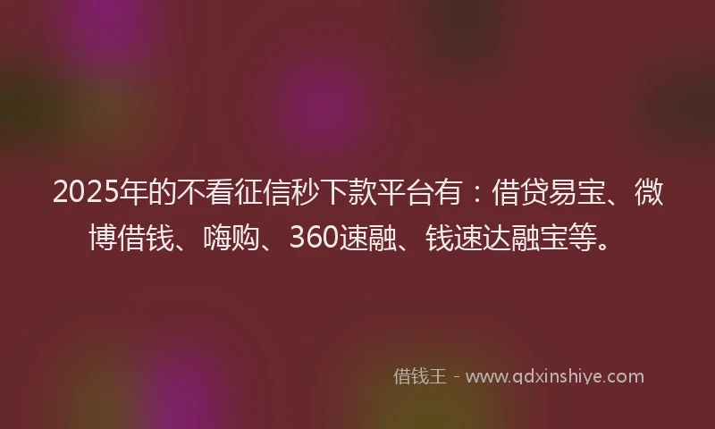 2025年的不看征信秒下款平台有：借贷易宝、微博借钱、嗨购、360速融、钱速达融宝等。