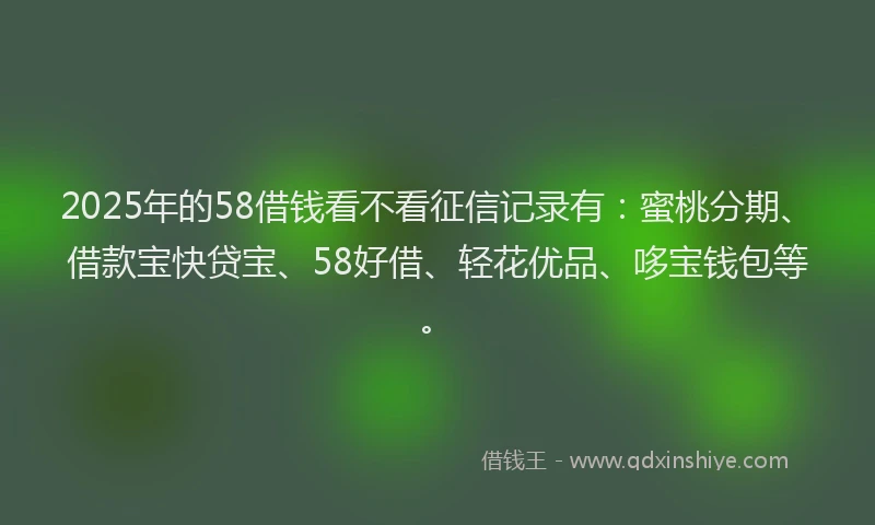 2025年的58借钱看不看征信记录有：蜜桃分期、借款宝快贷宝、58好借、轻花优品、哆宝钱包等。