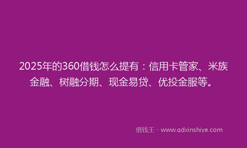 2025年的360借钱怎么提有：信用卡管家、米族金融、树融分期、现金易贷、优投金服等。