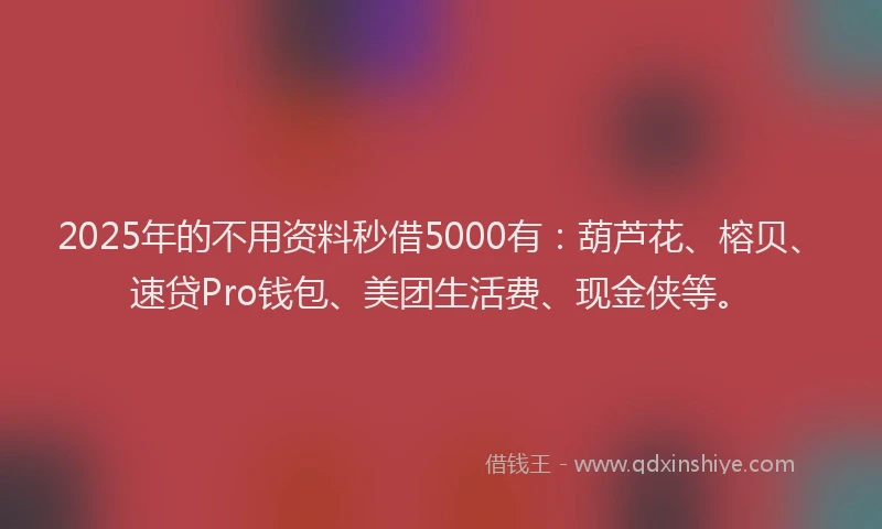 2025年的不用资料秒借5000有：葫芦花、榕贝、速贷Pro钱包、美团生活费、现金侠等。
