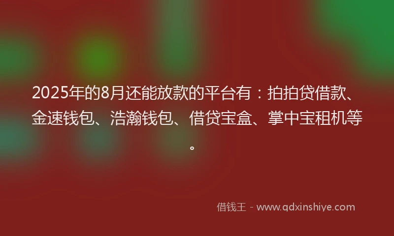 2025年的8月还能放款的平台有：拍拍贷借款、金速钱包、浩瀚钱包、借贷宝盒、掌中宝租机等。