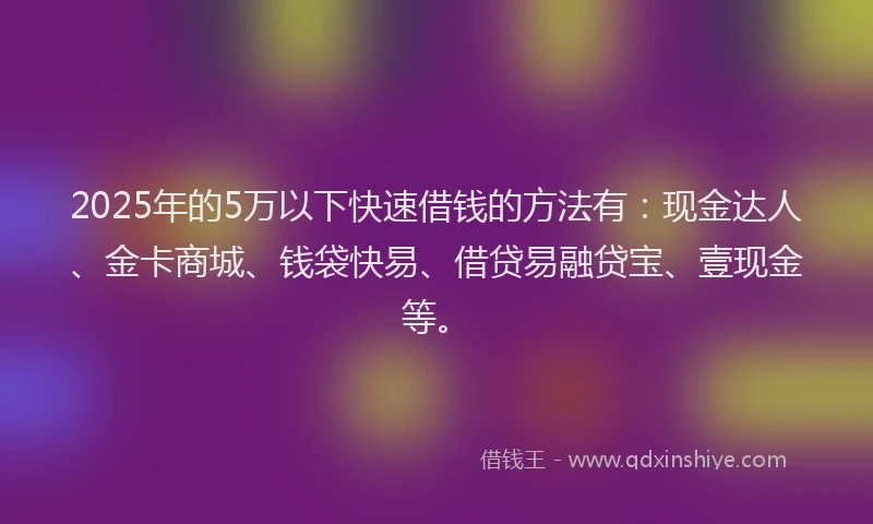 2025年的5万以下快速借钱的方法有：现金达人、金卡商城、钱袋快易、借贷易融贷宝、壹现金等。