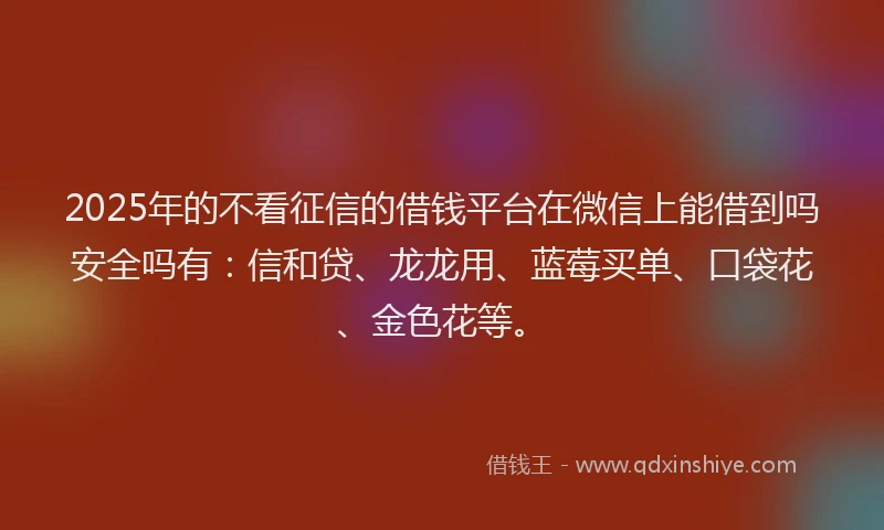 2025年的不看征信的借钱平台在微信上能借到吗安全吗有：信和贷、龙龙用、蓝莓买单、口袋花、金色花等。