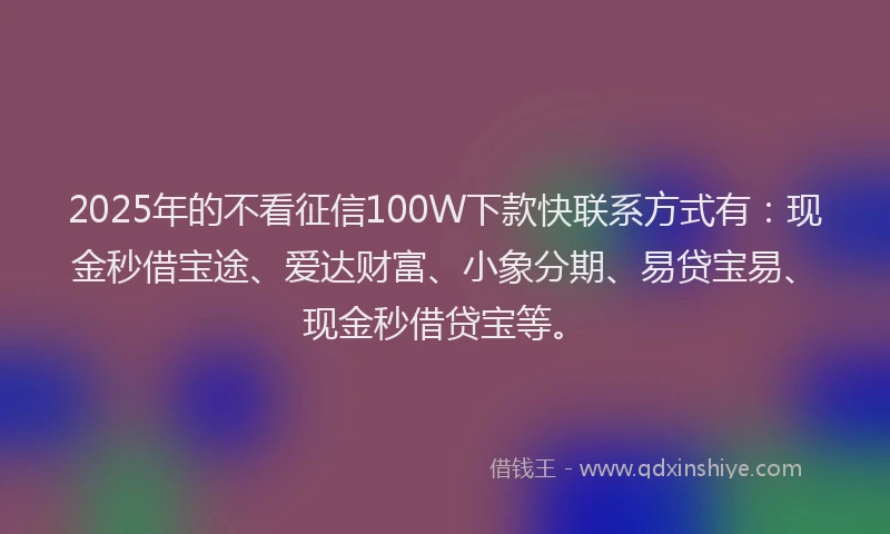 2025年的不看征信100W下款快联系方式有：现金秒借宝途、爱达财富、小象分期、易贷宝易、现金秒借贷宝等。
