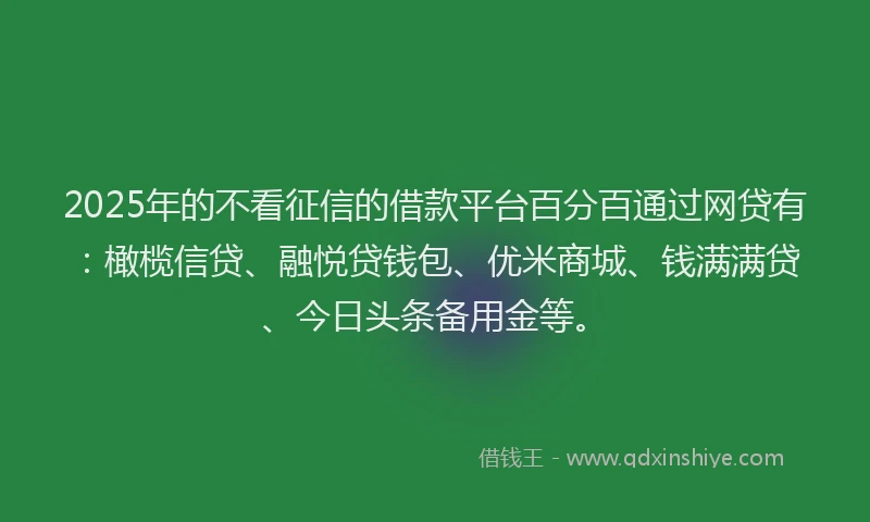 2025年的不看征信的借款平台百分百通过网贷有：橄榄信贷、融悦贷钱包、优米商城、钱满满贷、今日头条备用金等。