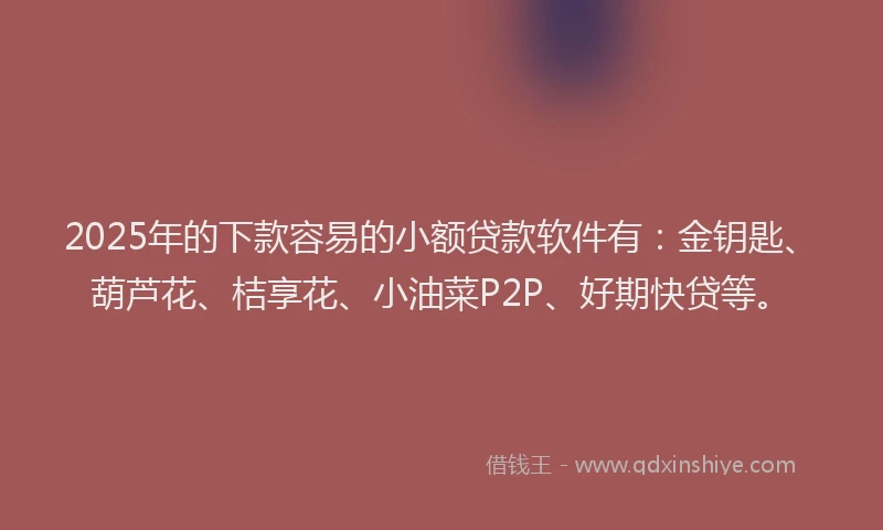 2025年的下款容易的小额贷款软件有：金钥匙、葫芦花、桔享花、小油菜P2P、好期快贷等。