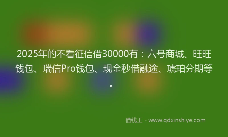 2025年的不看征信借30000有：六号商城、旺旺钱包、瑞信Pro钱包、现金秒借融途、琥珀分期等。