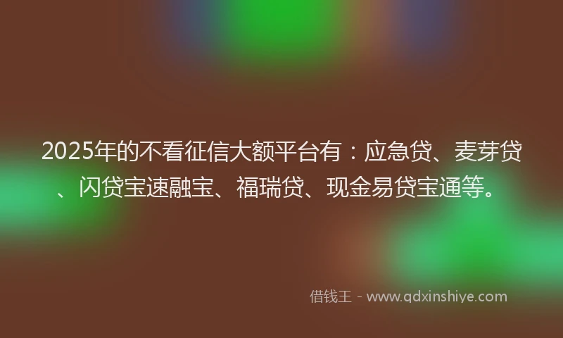 2025年的不看征信大额平台有：应急贷、麦芽贷、闪贷宝速融宝、福瑞贷、现金易贷宝通等。