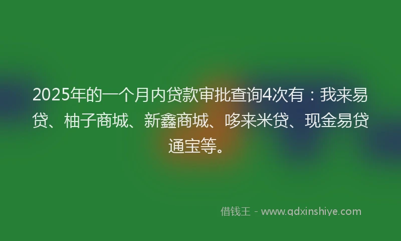 2025年的一个月内贷款审批查询4次有：我来易贷、柚子商城、新鑫商城、哆来米贷、现金易贷通宝等。