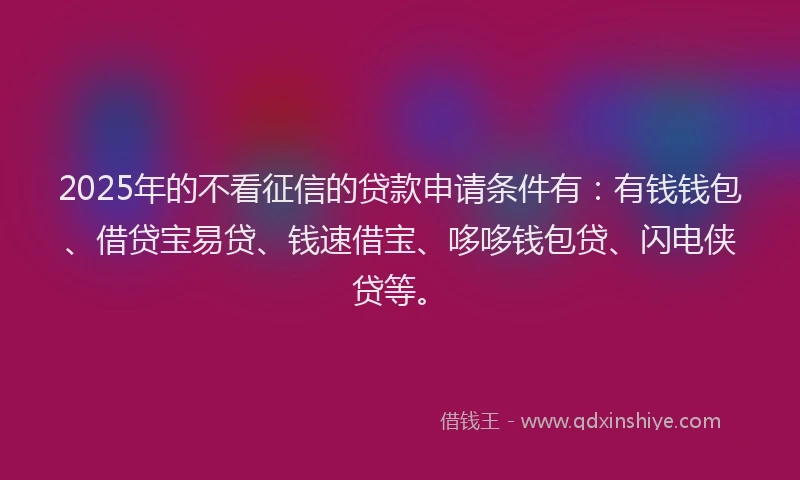 2025年的不看征信的贷款申请条件有：有钱钱包、借贷宝易贷、钱速借宝、哆哆钱包贷、闪电侠贷等。