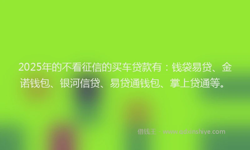 2025年的不看征信的买车贷款有：钱袋易贷、金诺钱包、银河信贷、易贷通钱包、掌上贷通等。