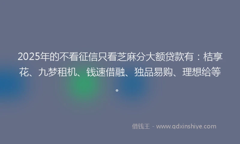 2025年的不看征信只看芝麻分大额贷款有：桔享花、九梦租机、钱速借融、独品易购、理想给等。