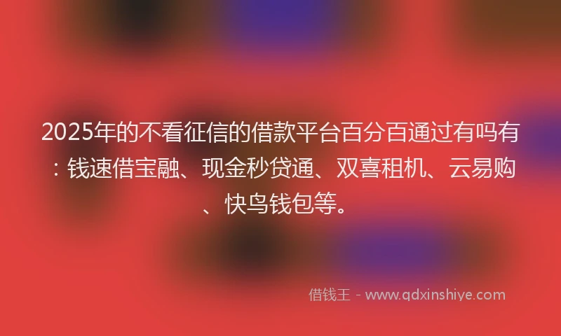 2025年的不看征信的借款平台百分百通过有吗有：钱速借宝融、现金秒贷通、双喜租机、云易购、快鸟钱包等。