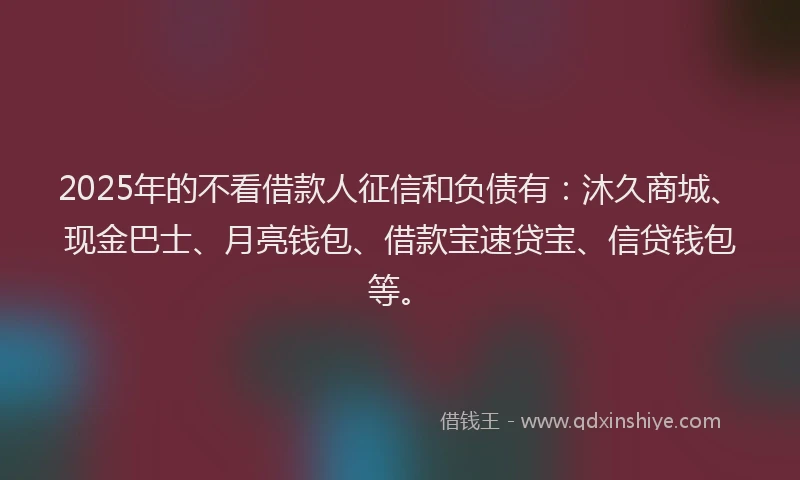 2025年的不看借款人征信和负债有：沐久商城、现金巴士、月亮钱包、借款宝速贷宝、信贷钱包等。