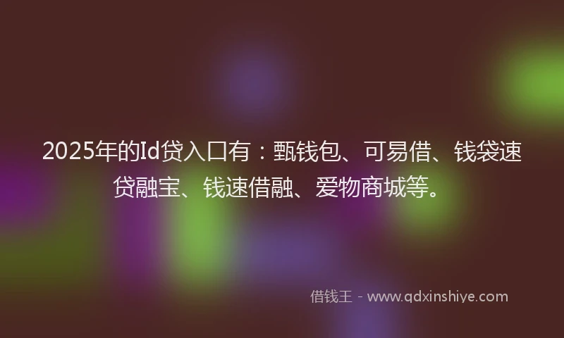 2025年的Id贷入口有：甄钱包、可易借、钱袋速贷融宝、钱速借融、爱物商城等。