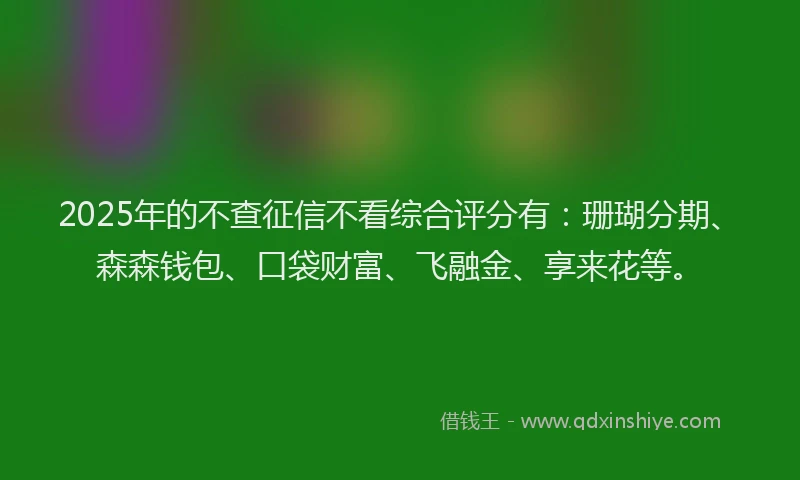 2025年的不查征信不看综合评分有：珊瑚分期、森森钱包、口袋财富、飞融金、享来花等。