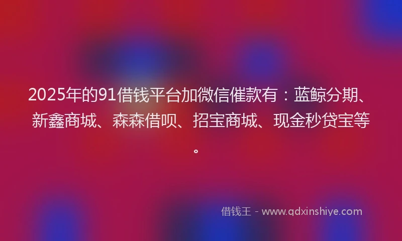 2025年的91借钱平台加微信催款有：蓝鲸分期、新鑫商城、森森借呗、招宝商城、现金秒贷宝等。