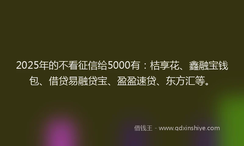 2025年的不看征信给5000有：桔享花、鑫融宝钱包、借贷易融贷宝、盈盈速贷、东方汇等。