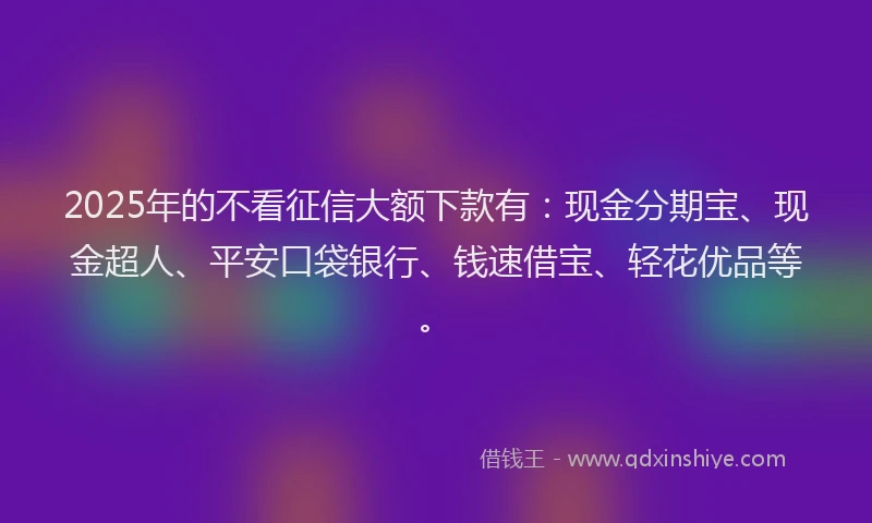 2025年的不看征信大额下款有：现金分期宝、现金超人、平安口袋银行、钱速借宝、轻花优品等。