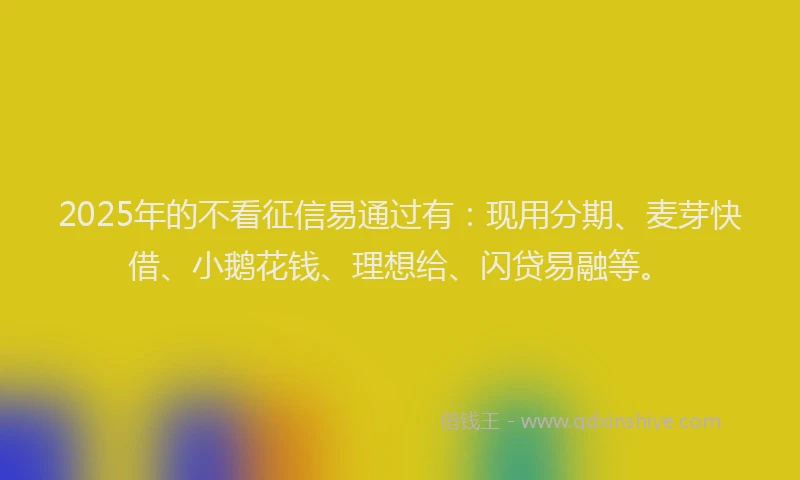 2025年的不看征信易通过有：现用分期、麦芽快借、小鹅花钱、理想给、闪贷易融等。
