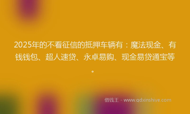 2025年的不看征信的抵押车辆有：魔法现金、有钱钱包、超人速贷、永卓易购、现金易贷通宝等。