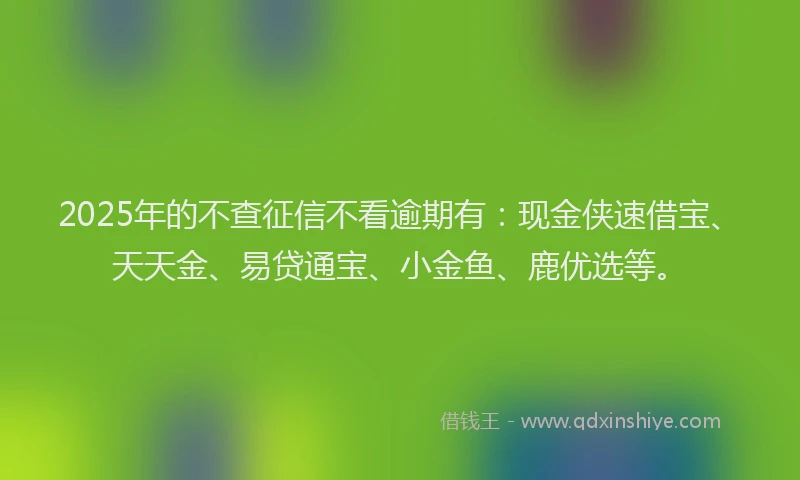 2025年的不查征信不看逾期有：现金侠速借宝、天天金、易贷通宝、小金鱼、鹿优选等。