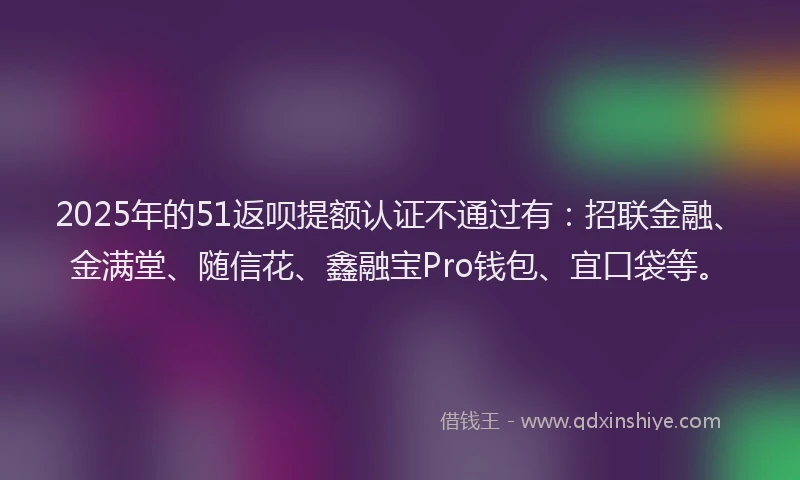 2025年的51返呗提额认证不通过有：招联金融、金满堂、随信花、鑫融宝Pro钱包、宜口袋等。