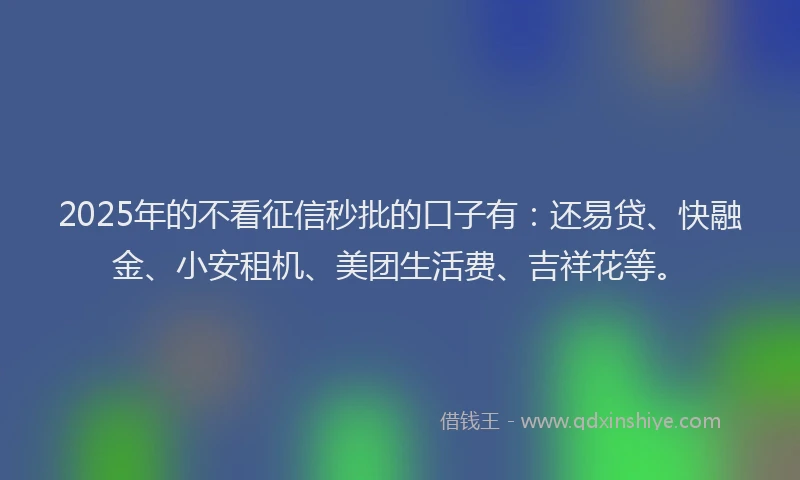 2025年的不看征信秒批的口子有：还易贷、快融金、小安租机、美团生活费、吉祥花等。