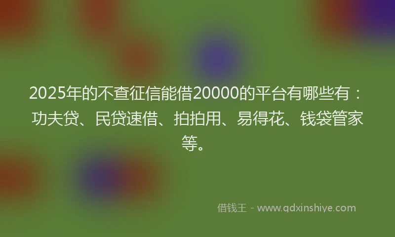 2025年的不查征信能借20000的平台有哪些有：功夫贷、民贷速借、拍拍用、易得花、钱袋管家等。