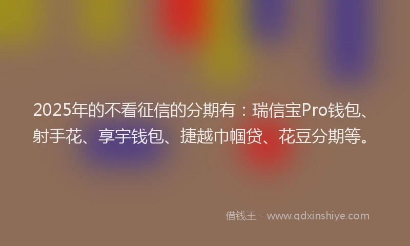 2025年的不看征信的分期有：瑞信宝Pro钱包、射手花、享宇钱包、捷越巾帼贷、花豆分期等。