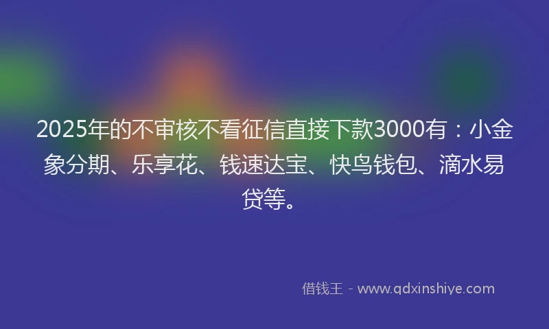 2025年的不审核不看征信直接下款3000有：小金象分期、乐享花、钱速达宝、快鸟钱包、滴水易贷等。