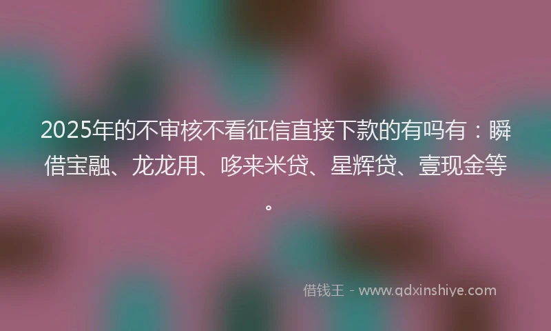 2025年的不审核不看征信直接下款的有吗有：瞬借宝融、龙龙用、哆来米贷、星辉贷、壹现金等。