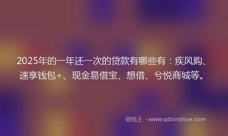 2025年的一年还一次的贷款有哪些有：疾风购、速享钱包+、现金易借宝、想借、兮悦商城等。