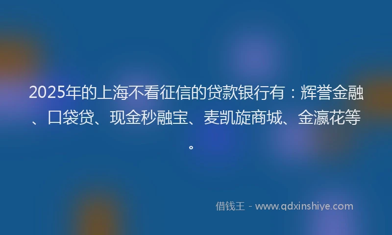 2025年的上海不看征信的贷款银行有：辉誉金融、口袋贷、现金秒融宝、麦凯旋商城、金瀛花等。