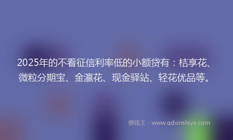 2025年的不看征信利率低的小额贷有：桔享花、微粒分期宝、金瀛花、现金驿站、轻花优品等。