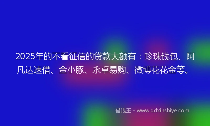 2025年的不看征信的贷款大额有：珍珠钱包、阿凡达速借、金小豚、永卓易购、微博花花金等。