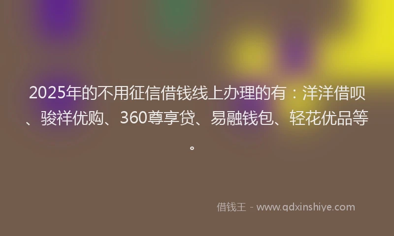 2025年的不用征信借钱线上办理的有：洋洋借呗、骏祥优购、360尊享贷、易融钱包、轻花优品等。